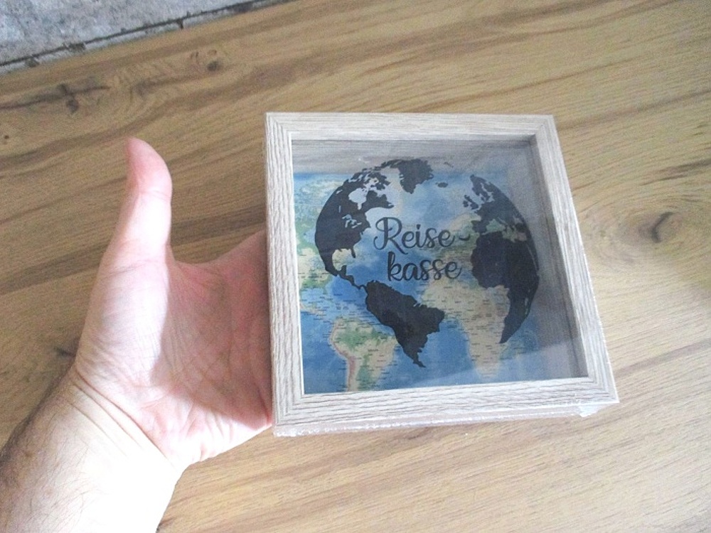 Spardose Weltkarte aus Holz Reisekasse Sparschwein 