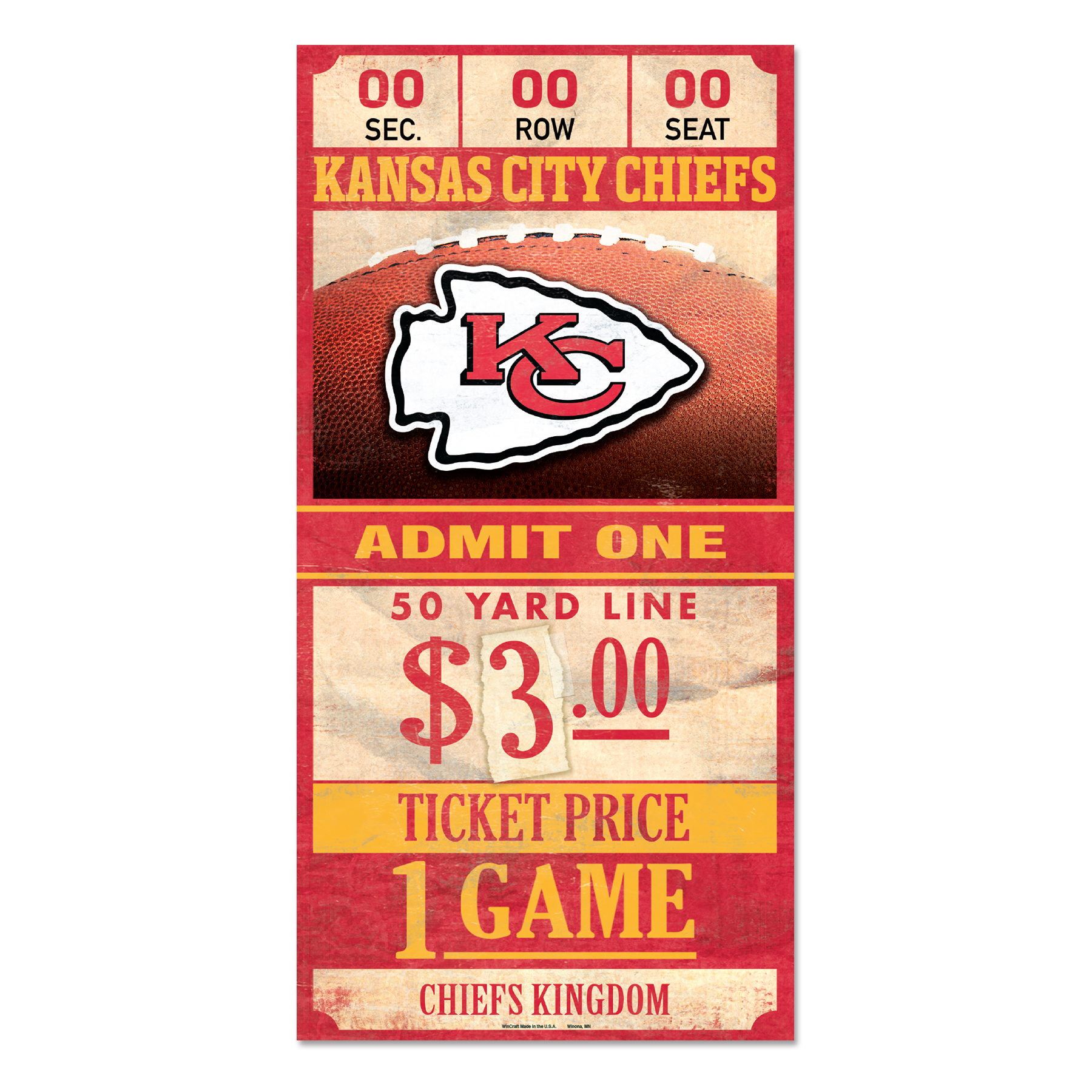 Kansas City Chiefs Old Game Ticket Wooden Sign 11 13/16in NFL Football